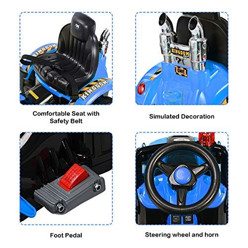 Honey Joy Ride On Excavator, 12V Battery Powered Construction Vehicles For Kids, Front Loader Shovel W/Horn, 2 Speeds, Forward/Backward, Safety Belt, Kids Bulldozer For Boys Girls(Blue)