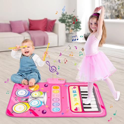 Amy & Benton Baby Piano Mat Pink Piano & Drum Mat 2 in 1, Toddler Musical Piano Mat Toy Birthday Gift for Girls Boys
