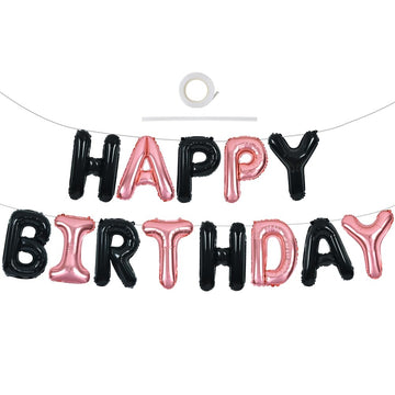 Toniful Black Rose Gold Happy Birthday Balloons Banner 16 Inch Mylar Foil Letters Birthday Sign Banner Bunting Reusable For Girl