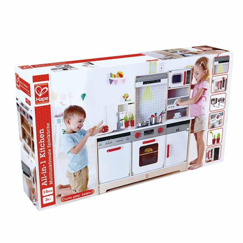 Hape Kids All-in-1 Wooden Play Kitchen with Accessories (E3145), L: 38.2, W: 14.6, H: 38.2 inch