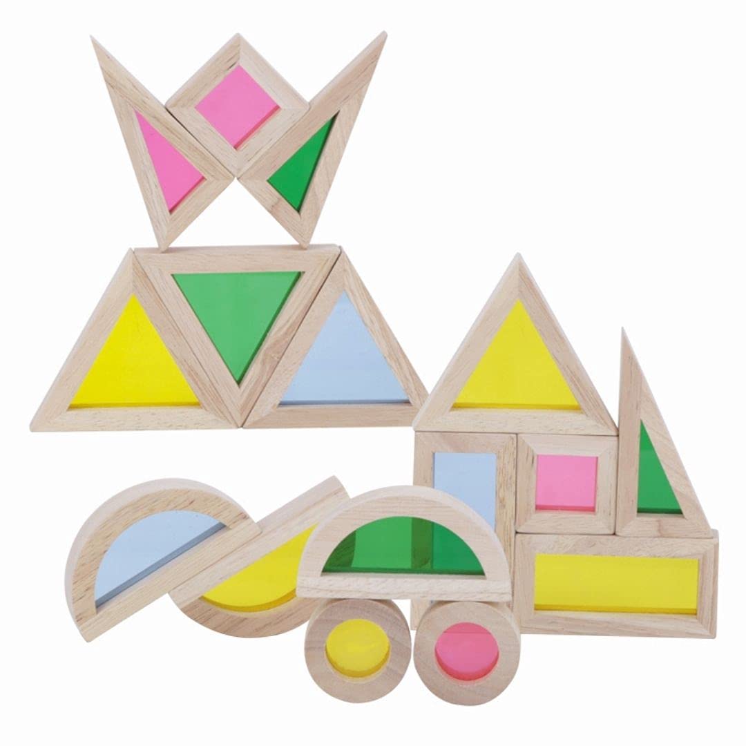 Nesta Toys Wooden Acrylic Rainbow Blocks (24 Pcs) | Translucent Gem Blocks | Geometric Shapes | Sensory Stem Play | NonToxic | 