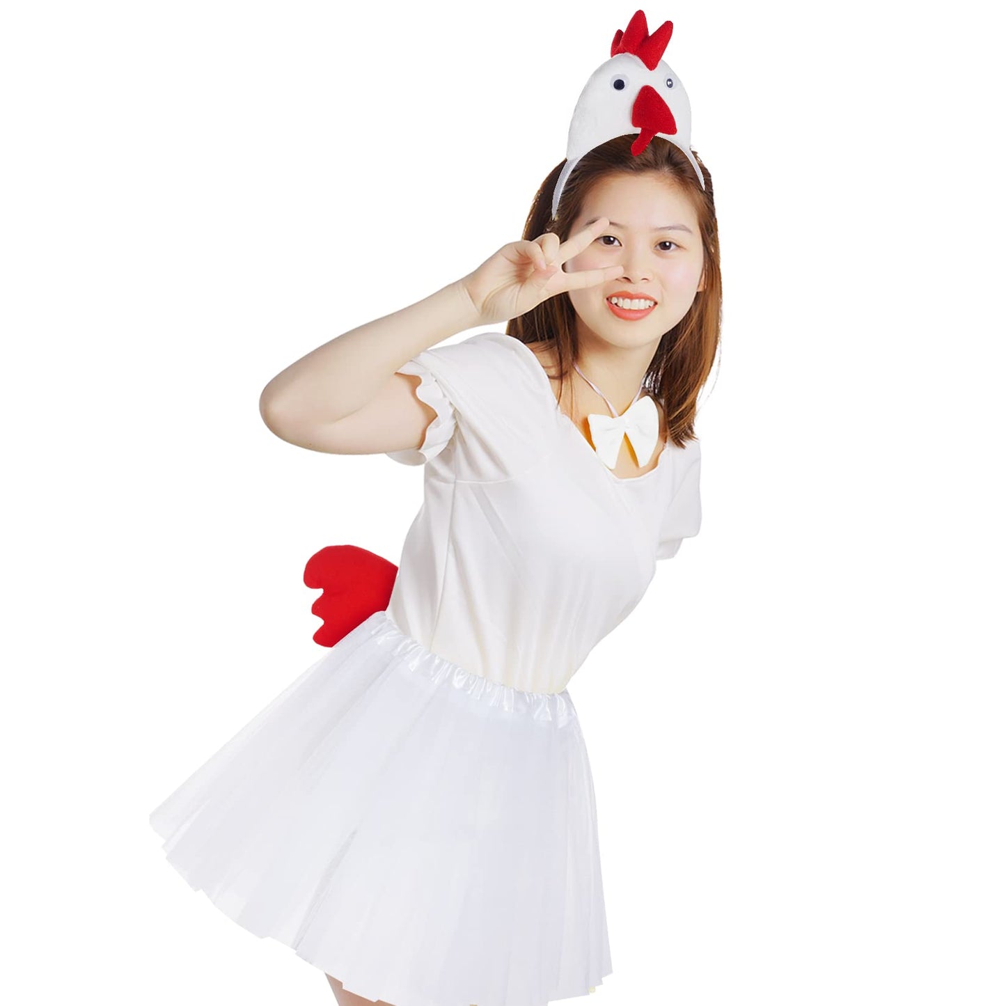 Jmkcoz Chicken 3D Animal Costume 3D White Chick Headband Bowtie Tail Tutu Set For Halloween Dress Up Christmas Cosplay Party