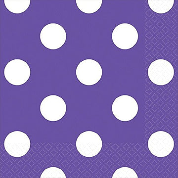 Amscan Party Supplies Dots Beverage Napkins, 5 x 5, New Purple/White