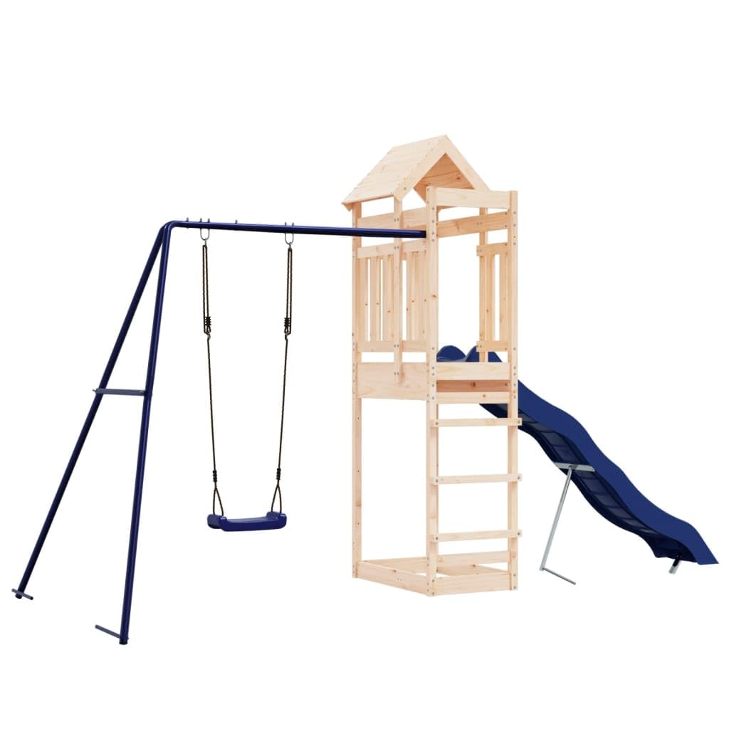 vidaXL Outdoor Playset with Solid Pine Wood Construction, Sturdy Frame with Single Swing Set, Wave Slide and Sandpit