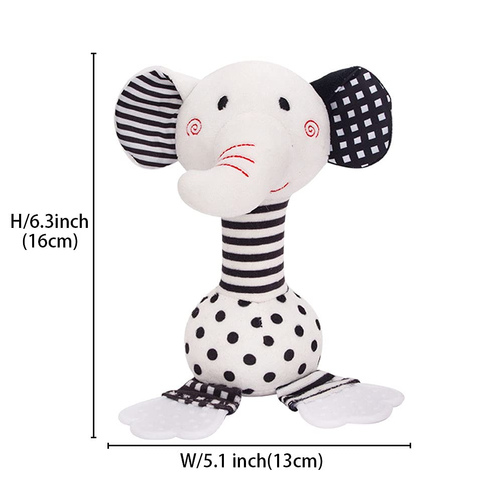 D-Kingchy Baby Toys 0-12 Months, Black And White Newborn Toys, Soft Plush Rattle Stuffed Animal Toy With Teether And Sound, Developmental Hand Grip Toys (Elephant)