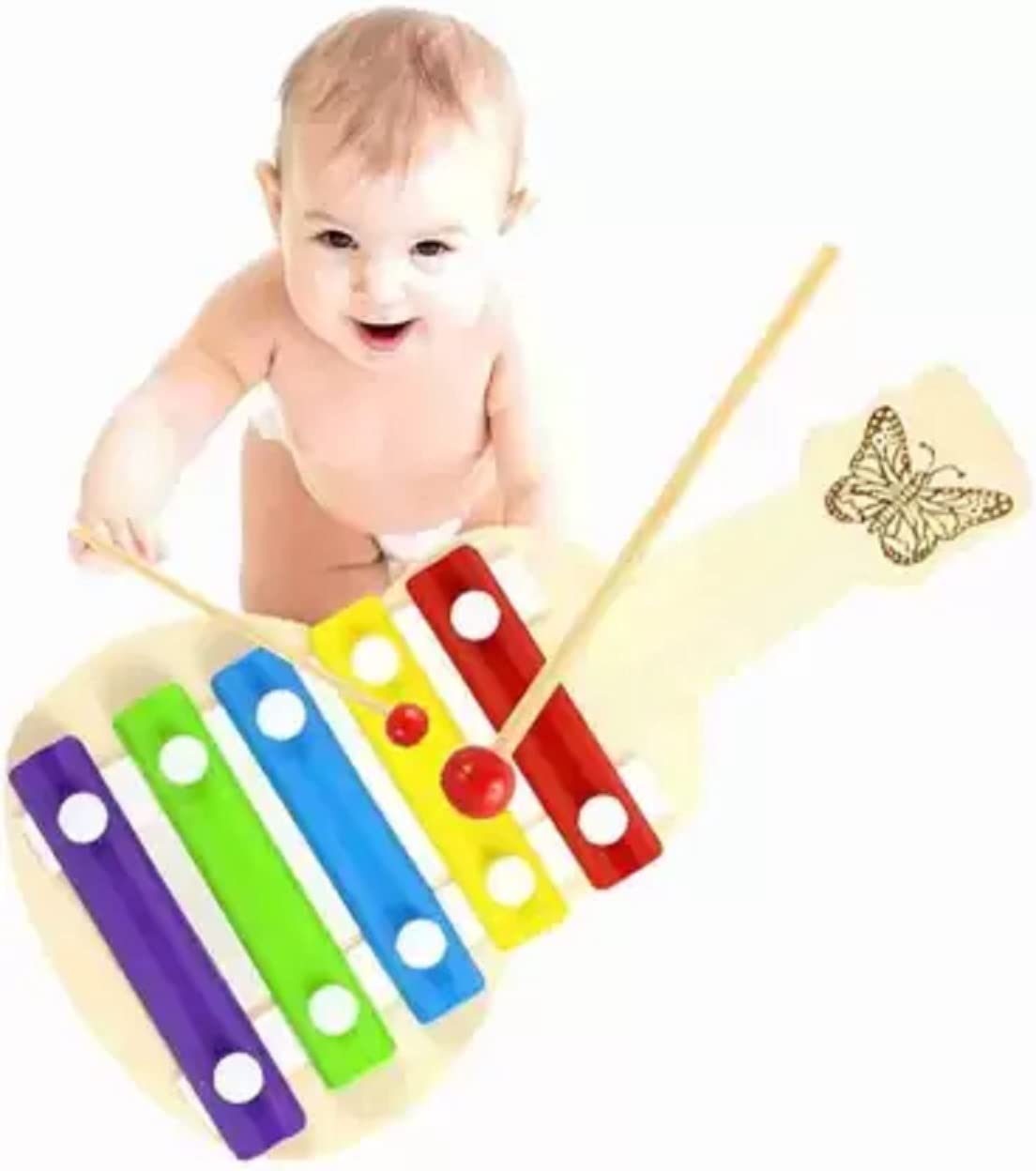 Shopfleet Wooden Guitar Shaped Xylophone  Kids First Musical Sound Instrument With Metal Keys & Wooden Stick Multicolour