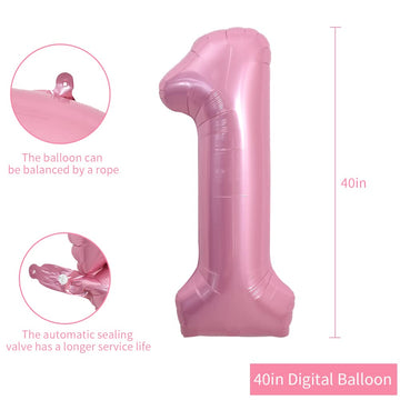 Toniful 40 Inch Light Pink Large Numbers Balloons 0-9, Number 1 Digital 1 Helium Balloons, Pink Foil Mylar Big Number Pastel Bal