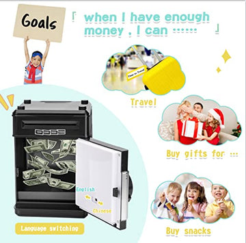 Piggy Bank Cash Coin Can (Black) Best Gift Toy Piggy Bank For Kids Girls Boys Large Electronic Real Money Coin Banks With Passwo