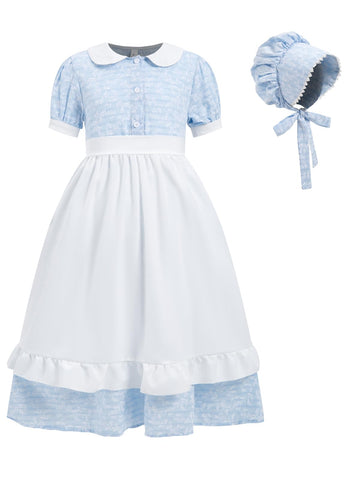 FORTMAC Pioneer Dresses for Girls Colonial Prairie Dress Girls Short Sleeves 1800s Pilgrim Costume with Apron and Bonnet Blue 11