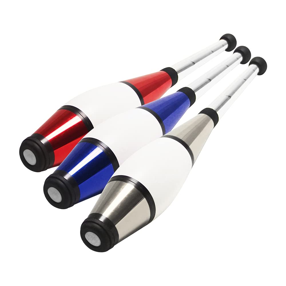 Zeekio - Pegasus Juggling Club Set - enhanced Quality - for Beginners  All Levels - Multi-Piece Durable Design - Scuff Resistant - Rubber Knob & Cap - 20.5 L - Set of 3 - Blue  Red & Silver