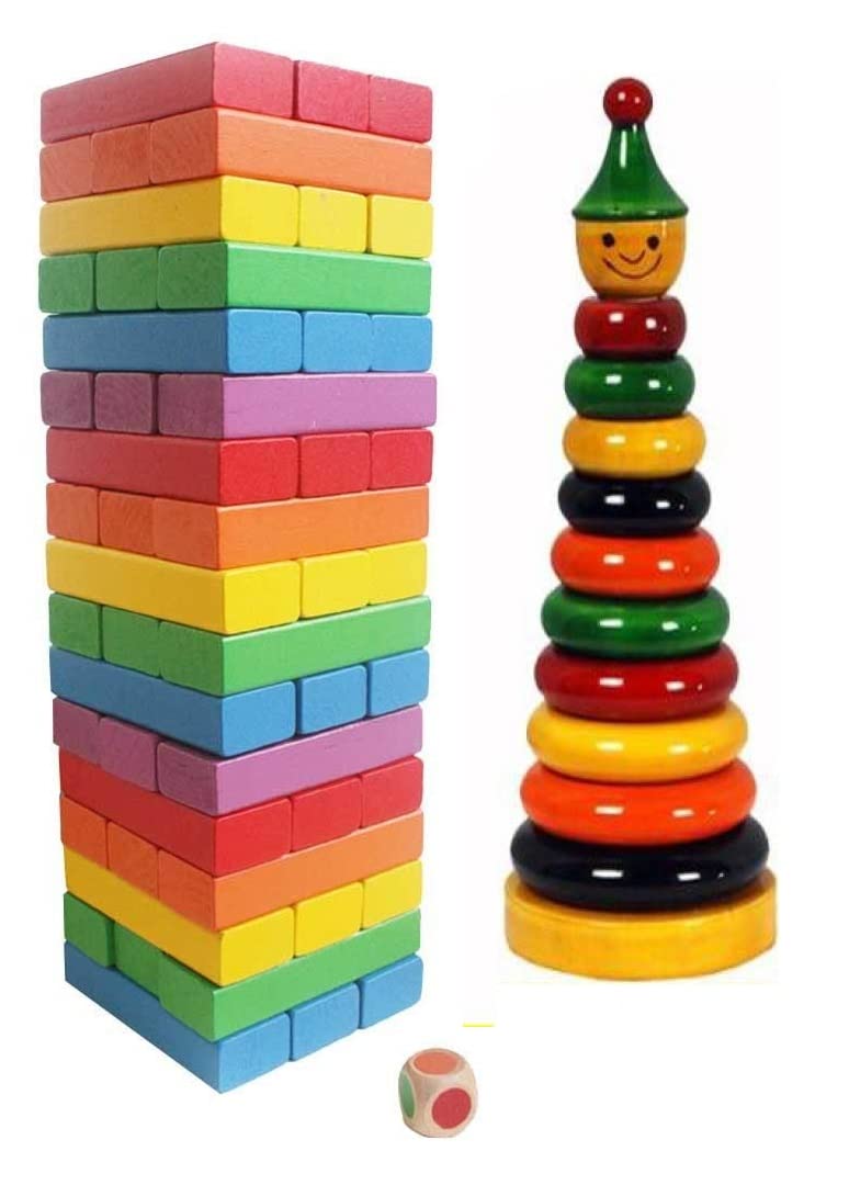 Authfort Wooden Colorful Building Blocks Educational Game Toy 48 Pcs & Wooden 10 Piece Toddlers Montessori Ring Set Combo 2 (Mul