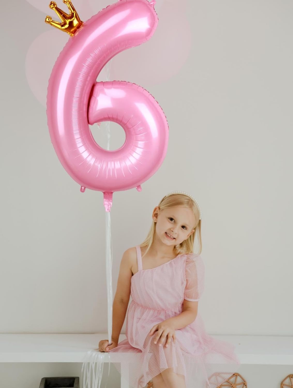 40 Inch Crown Pink Number 6 Balloon, Big Conjoined Baby Pink Foil Mylar Helium 6 Balloon For Girls 6Th Birthday Party Decoration