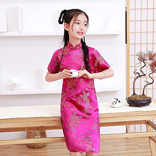 Girls Chinese Qipao Dress Dragon Pattern Short Sleeve Cheongsam Costume for Birthday Party Wedding (US, Age, 10 Years, 12 Years,
