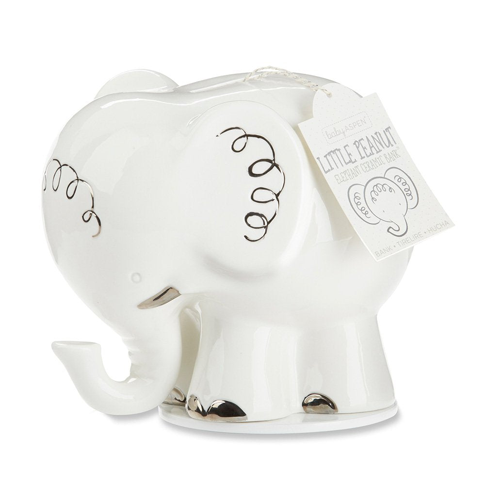 Baby Aspen Little Peanut Elephant Ceramic Bank, White/Silver