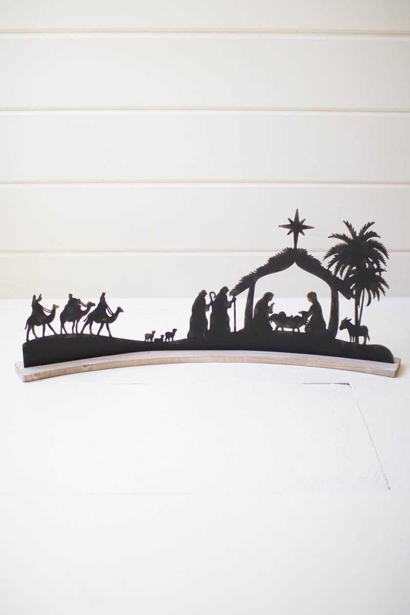 BLACK METAL NATIVITY ON A CURVED WHITE WOOD BASE
