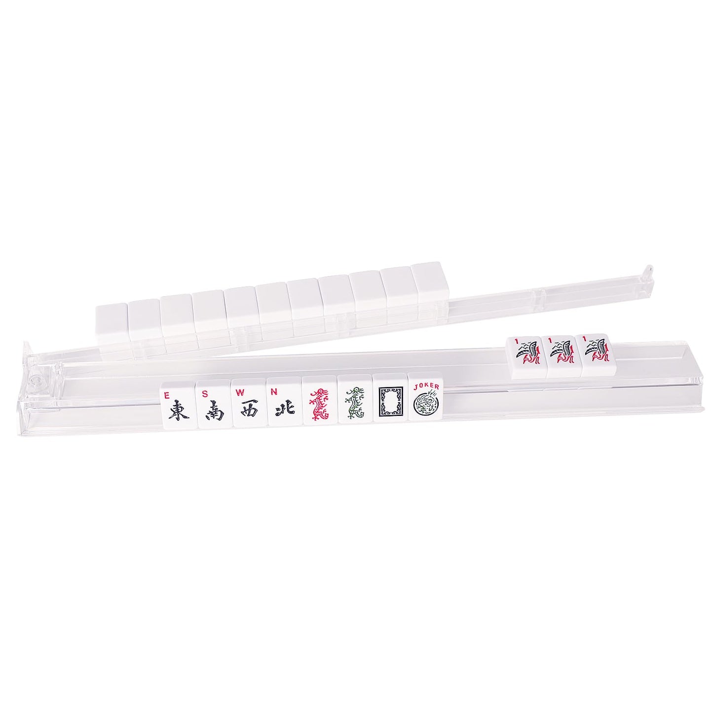 Gustaria Mahjong All-In-One Tile Rack & Pusher, Clear Acrylic Mahjong Rack And Pusher Combo, Modern American Majiang Tile Racks, Set Of 4, White