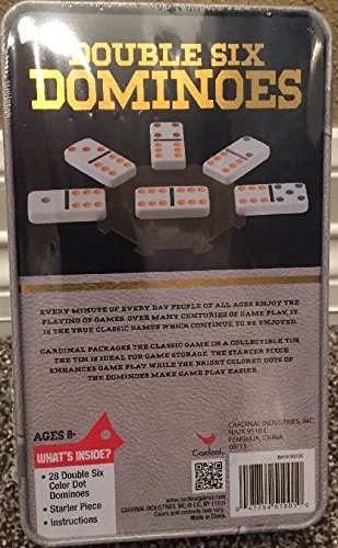 Cardinal Double Six Color Dot Dominoes Set in Ivory Collectors Tin, Model 8875, 28 Plastic Dominoes