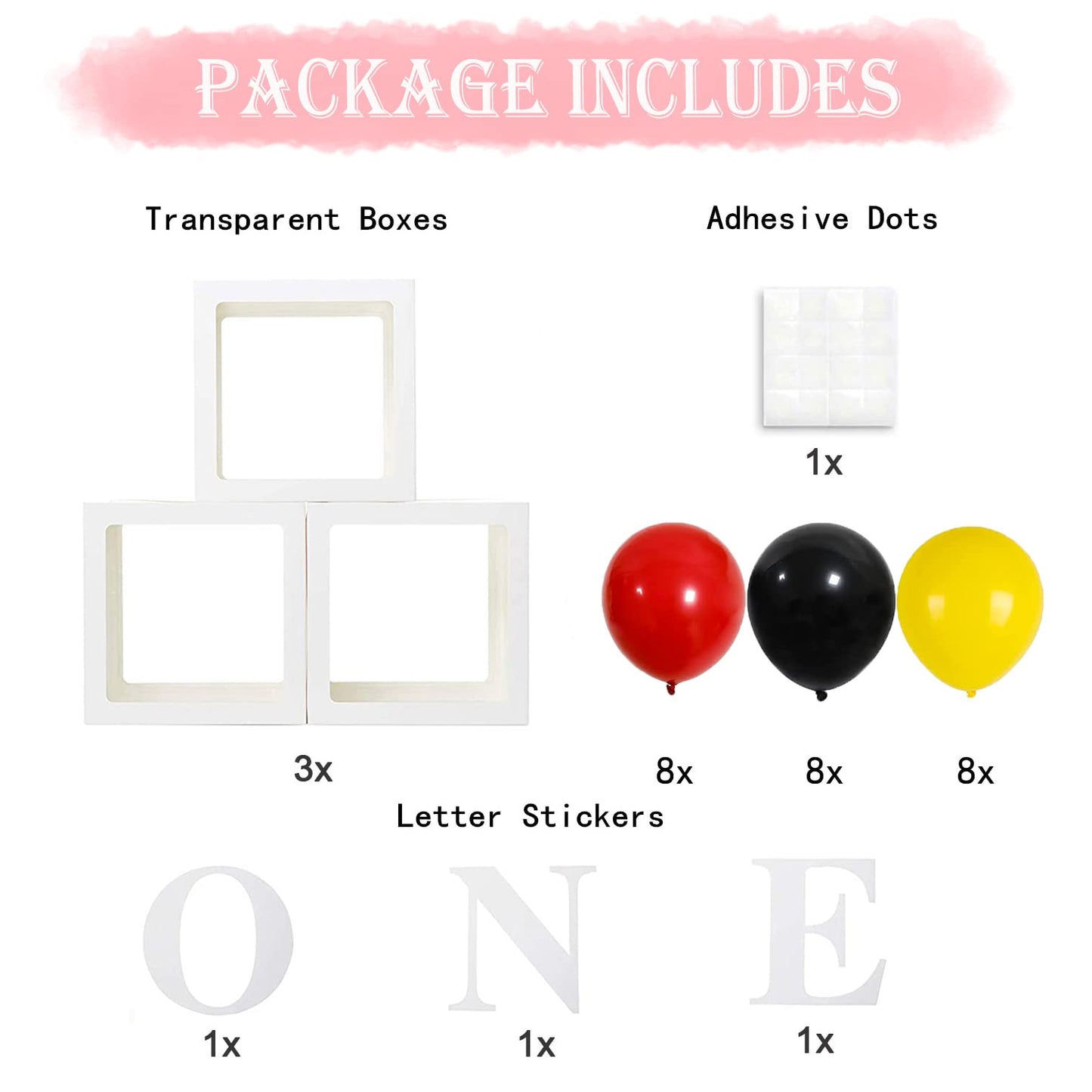 First Birthday Decorations For Boy Girls, One Balloon Boxes With Red Yellow And Black Balloons, One Blocks For Cartoon Mouse Rac