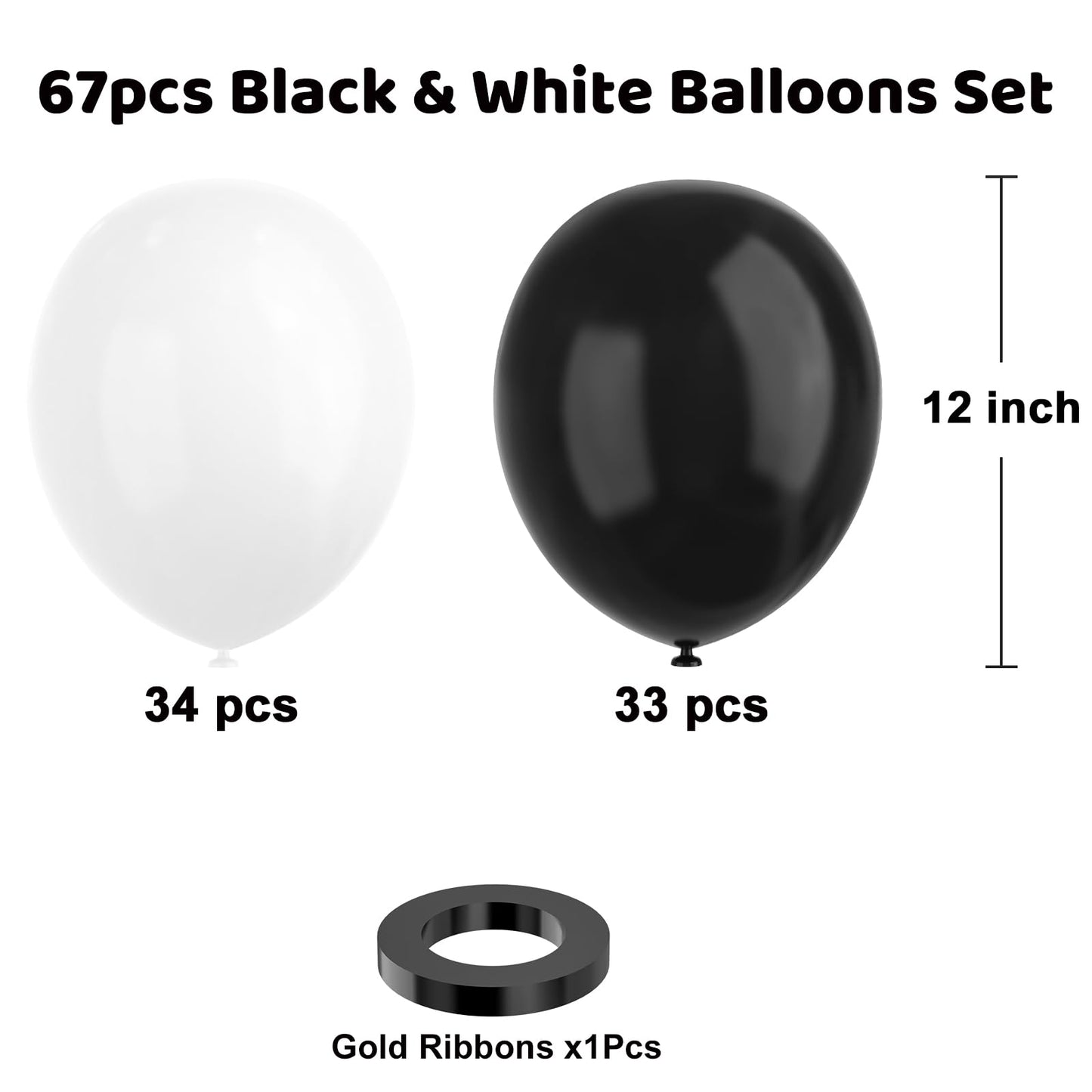 YMSZ Black and White Balloons, 67pcs 12" Thickened Latex for Birthday, Wedding, Graduation Party Decoration