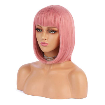 Enilecor Pink Wig, 12 Short Bob Wigs With Bangs Straight Synthetic Colorful Cosplay Daily Party Wig For Women Natural As Real Ha