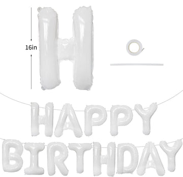 Toniful White Happy Birthday Balloons Banner With Ribbon Straw, 16 Inch Mylar Foil Letters Birthday Sign Banner Balloon Bunting