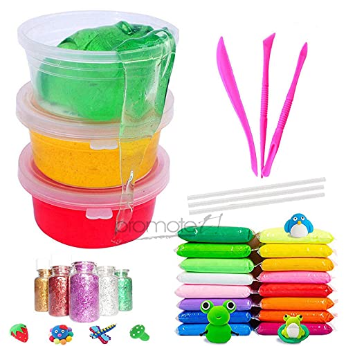 Promote Trader 3 Crystal Slime And 12 Air Dry Clay Combo With Free Tools And Paper Straws For Kids Boys And Girls Age 3+ Years M