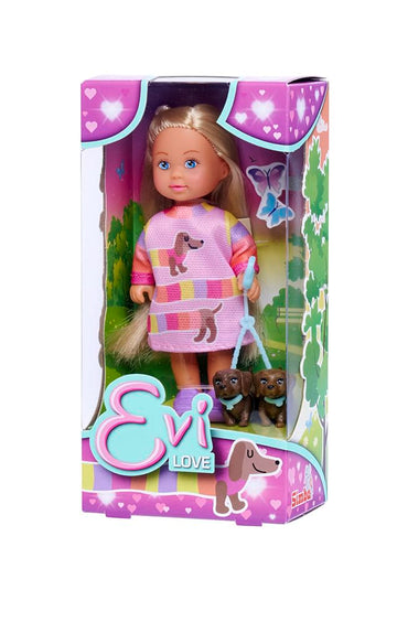 Simba 105733688 Evi Love Dogs, Doll With Two Cute Dachshunds On A Leash, 12 Cm Toy Doll, From 3 Years