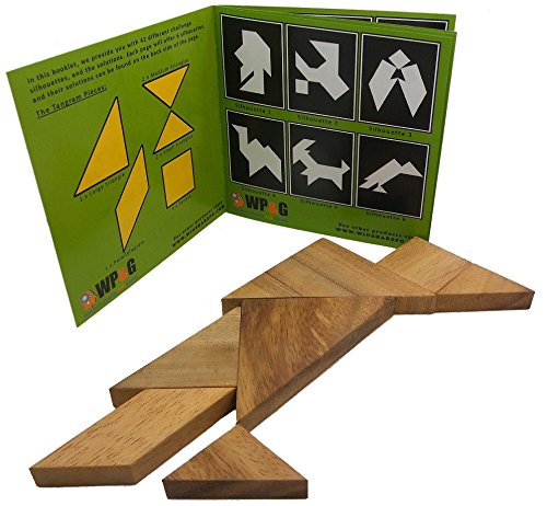 Tangram Wooden Puzzle Geometry Game, with 48 Silhouette Tangrams Challenge Booklet
