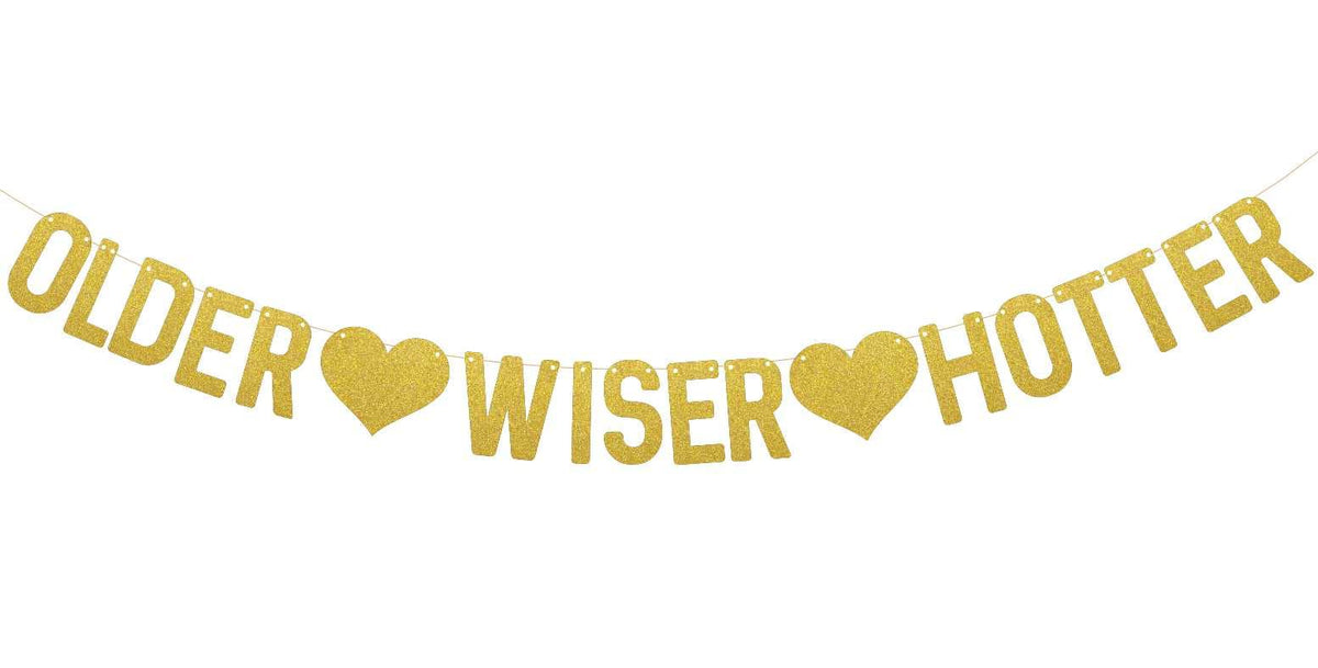 SVM CRAFT Older Wiser Hotter Glitter Banner  Gold, Fun Birthday Party Decorations, 30th Birthday Decor, Happy birthday banner, 