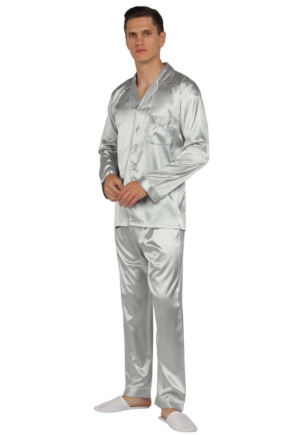 Yimanie Mens Satin Pajamas Set Classic Sleepwear Loungewear Silver Grey