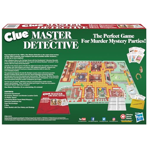 Winning Moves Clue Master Detective Game - Oversized Brass Tone Weapons, Multi-colored, for 10 Players, Ages 10+ - Model 1213