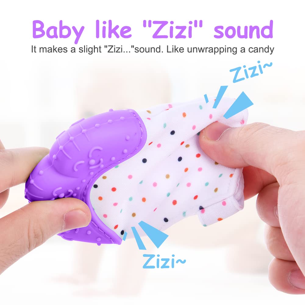 Vicloon Silicone Teething Mitt, 2Pcs Teething Mitten with Adjustable Strap, Crinkle Sound and Textured, Self Soothing Baby Chew
