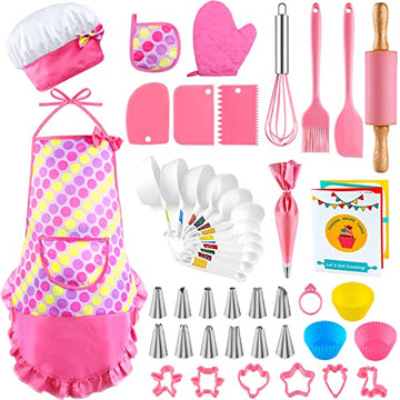 INNOCHEER Kids Baking and Cooking Set for Girls, 54PCS Chef Costume Set with Kids Apron, Chef Hat, All Real Cooking Tools and Ba