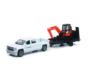 New Ray New 10' Newray Kubota Collection - Kubota Kx040 Excavator With White Ford F-250 Super Duty Pickup & Trailer (Orange, Black) Model Toys