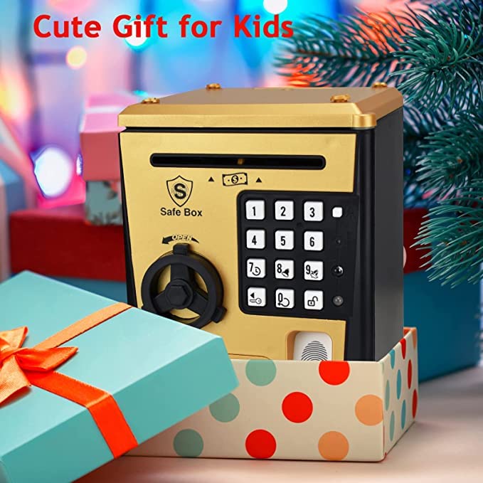 Toy Safe Box, Atm Piggy Bank, Money Coin Savings Bank, Great Gift For Children Kids (Golden/Black)