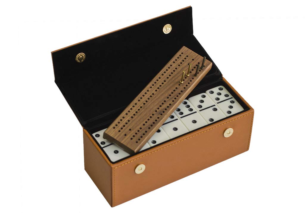 Alex Cramer Travel Domino Set - Personalized Caramel Leather Case, 28 Indestructible Double-Six Dominoes