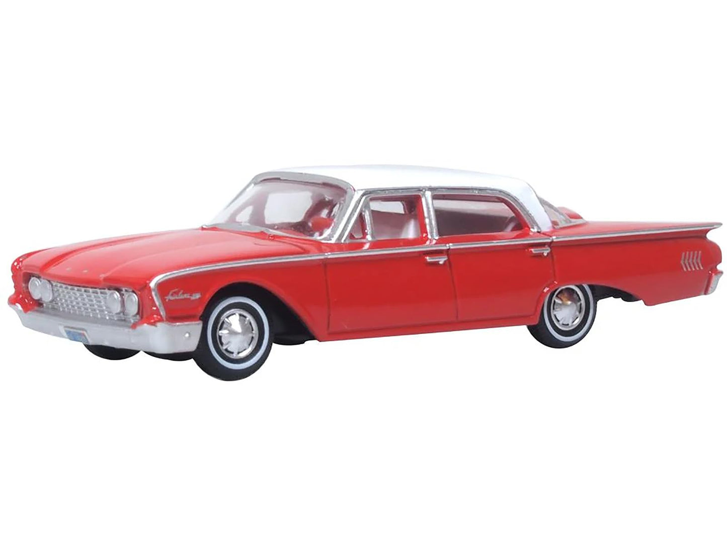 Oxford Diecast 1960 Fairlane Sedan 500 Monte Carlo Red with Corinthian White Top and Interior 1/87 (HO) Scale Diecast Model Car 