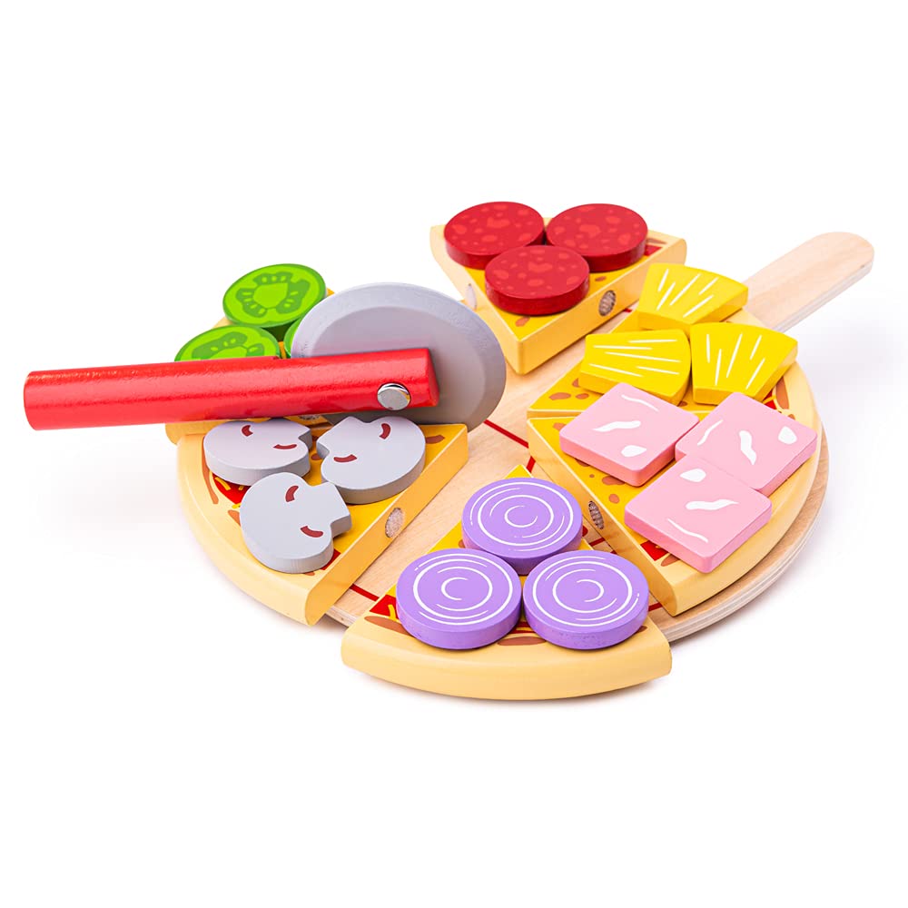 Bigjigs Toys Wooden Cutting Pizza with Wooden Toppings and Pizza Slicer - Play Food and Role Play for Kids