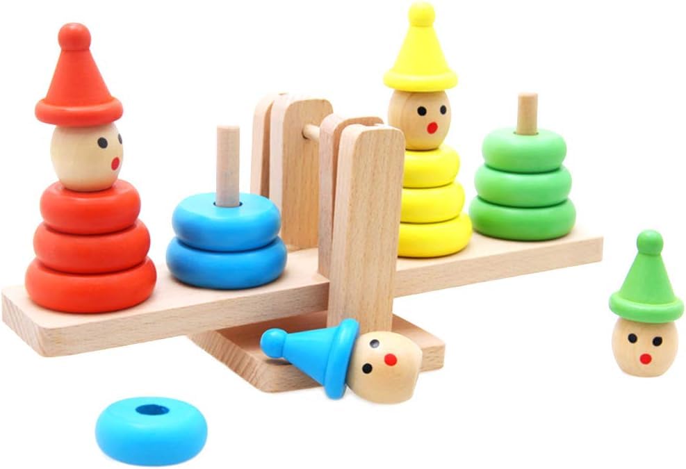 Mummamia Baby Wooden Toy Cartoon Clown Sorting Stacking Wooden Rainbow Rings Balancing Toy, Montessori Educational Building Bloc