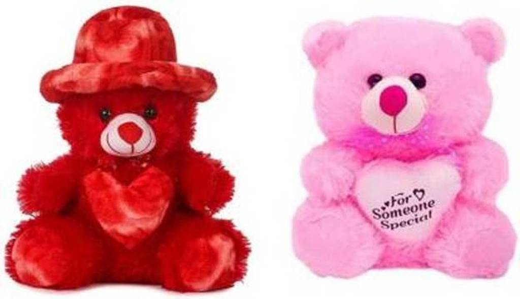 Nihan Enterprises Red Color Love Heart & Pink Color Small Fur Teddy Bear  30 cm (Pink, Red)