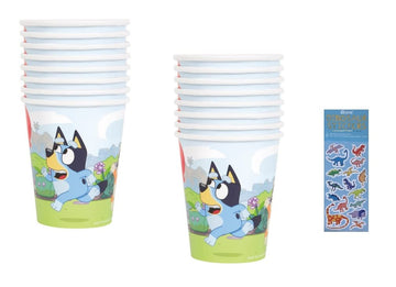 Unique Bluey Birthday Party Supplies Bundle Pack includes 16 Party Paper Cups and 1 Dinosaur Sticker Sheet
