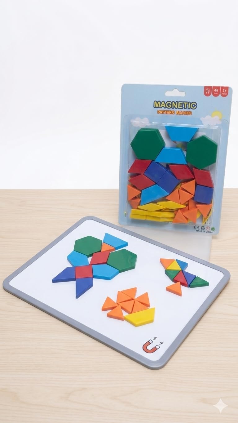 Magnetic Pattern Blocks Set, 48 Pieces Educational Tangram Toy with Soft Magnetic Shapes, Multicolour Geometric Building Blocks 