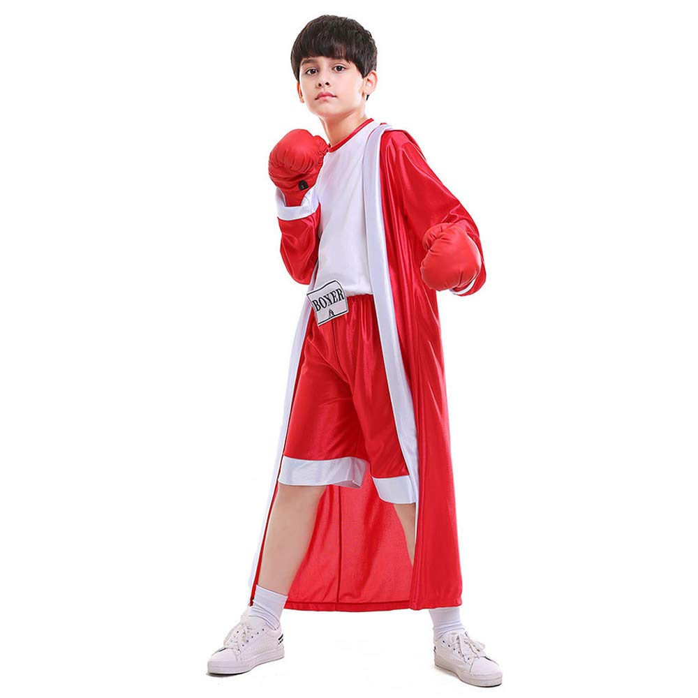 DLSNZ Kids Boxing Costume with Hooded Boxer Robe Halloween Cosplay Role Play Boxing Uniform (Red, X-Large)