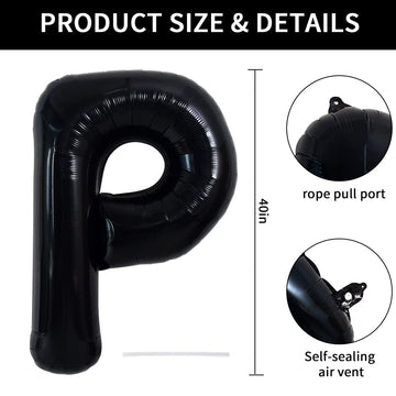 Toniful 40 Inch Large Black P Letter Balloons Jumbo Helium Balloons,Foil Mylar Big Alphabet Balloons For Birthday Party Annivers