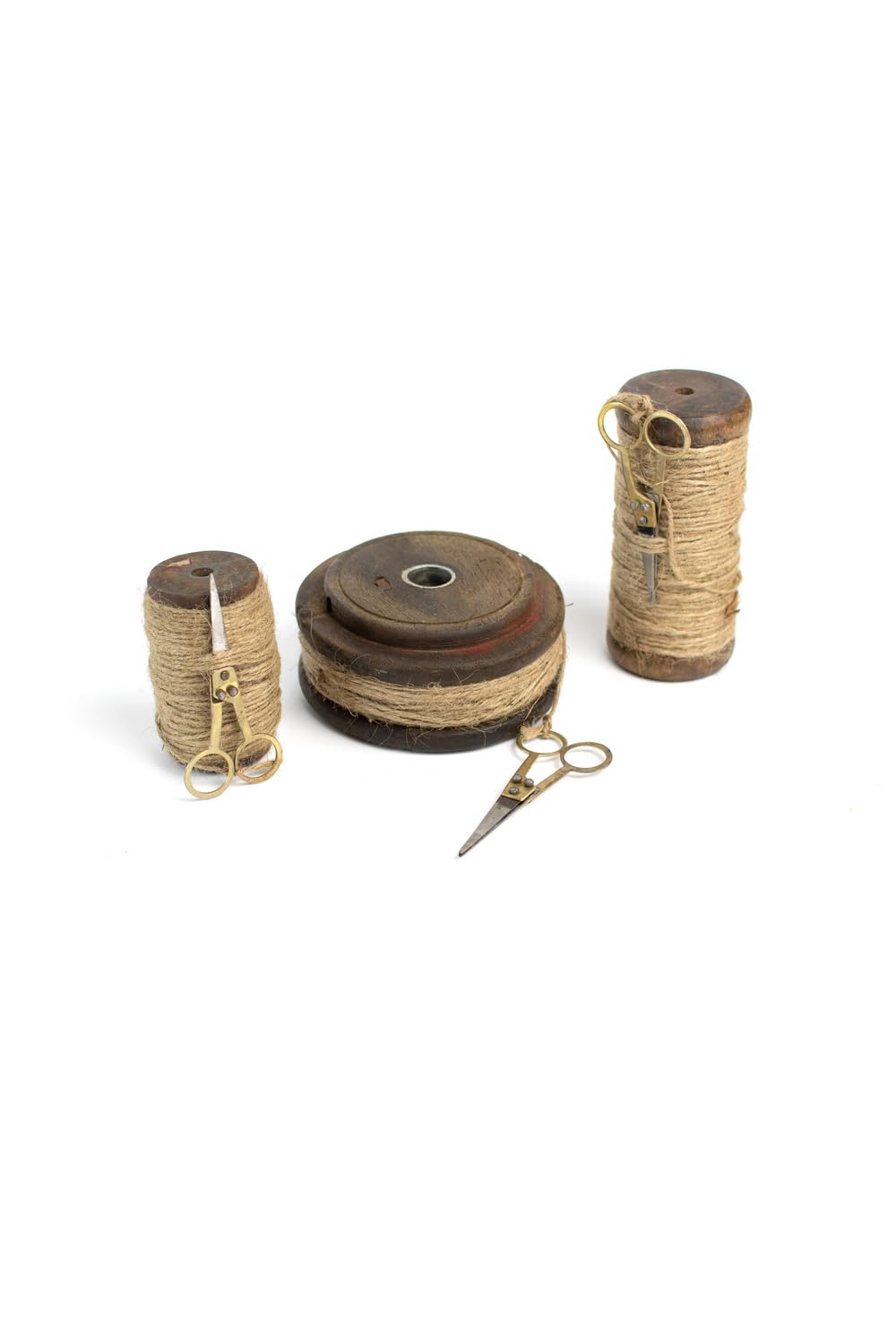 Set Of Three Wooden Spools With Jute Twine And Scissors