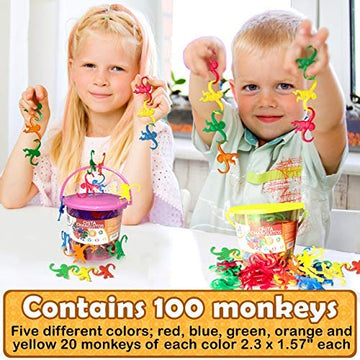 Mareta Bucket Of Monkeys Classic Game, 100-Pc Counting Games For Kids Ages 3+, Color Sorting, Linking, Motor Skills, Preschool H