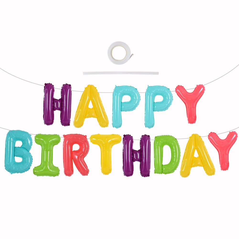 TONIFUL Coloful Macaron Rainbow Happy Birthday Balloons Banner with Ribbon Straw, 16 Inch Mylar Foil Letters Birthday Sign Bunti
