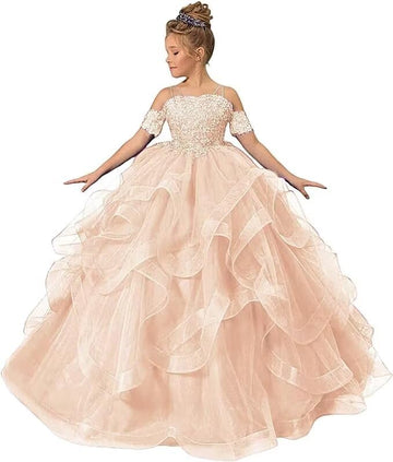 ZPVP Princess Flower Girl Dress for Wedding Long Tulle Girls Pageant Dress Puffy Ruffles Beaded Appliques Party Costumes Rose Go