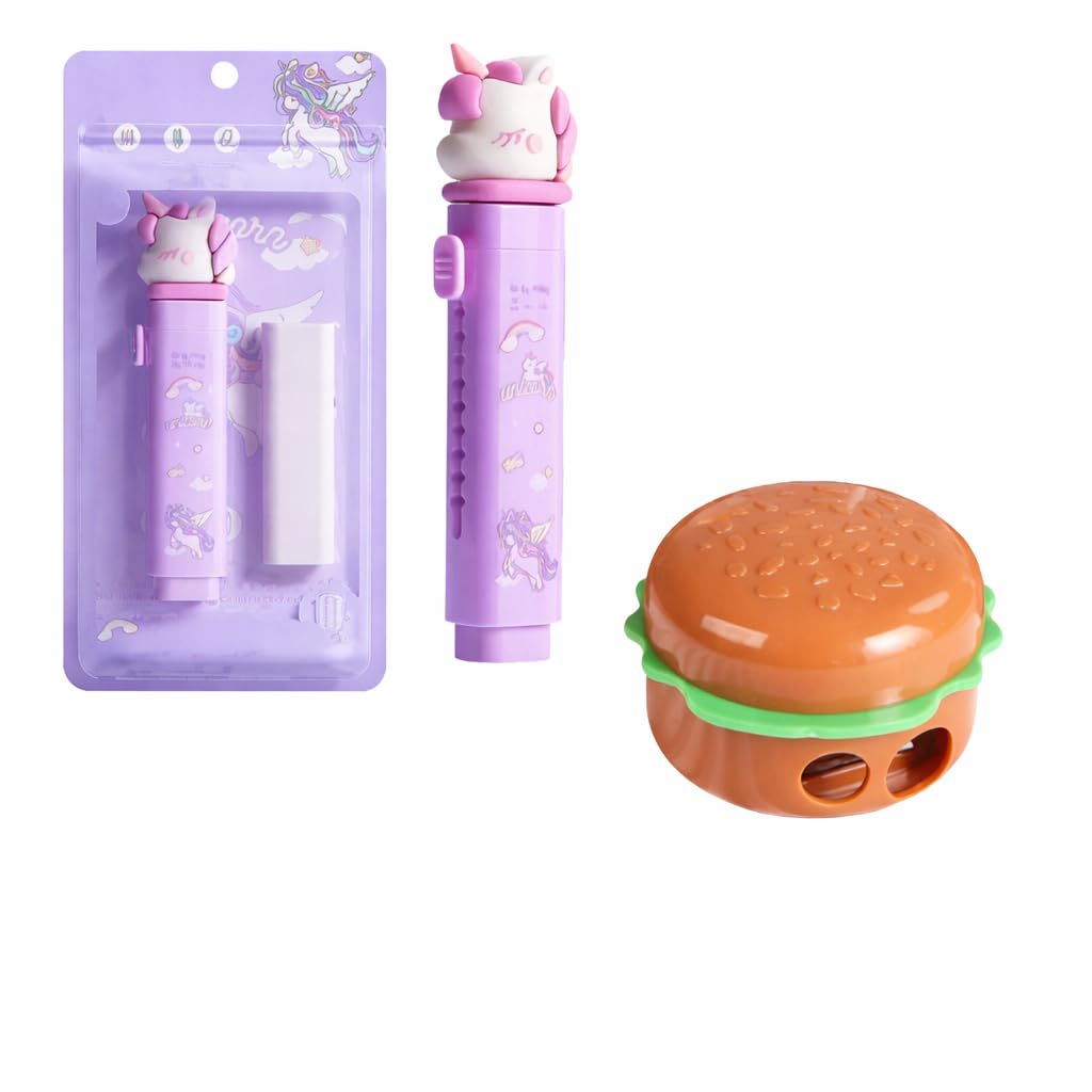 Kalra Magic Kalra Magic Cute Stationery Set For Kids 1 Retractable Cutter Shape Eraser And 1 Burger Sharpener, Fun Return Gift F