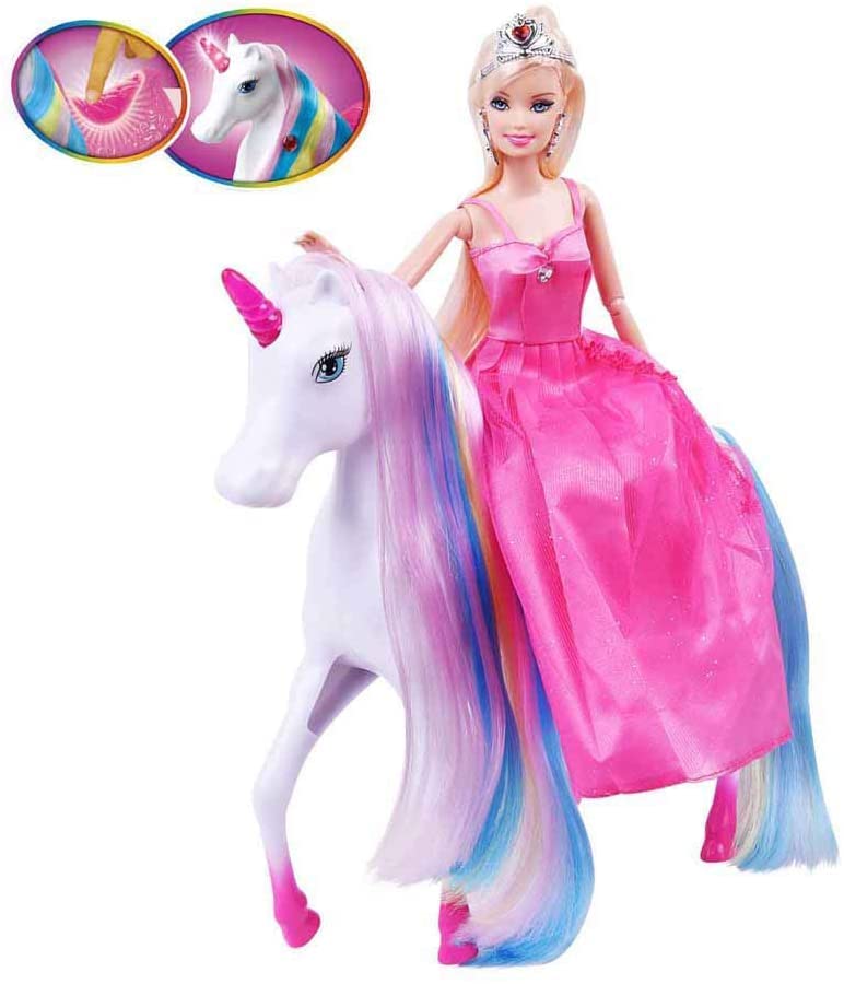 White Unicorn with Magic Light Horn and Fairy Tale Princess Doll 11.5, W/Comb and Crystal Crown, Girls Unicorn Doll Toys Gifts,